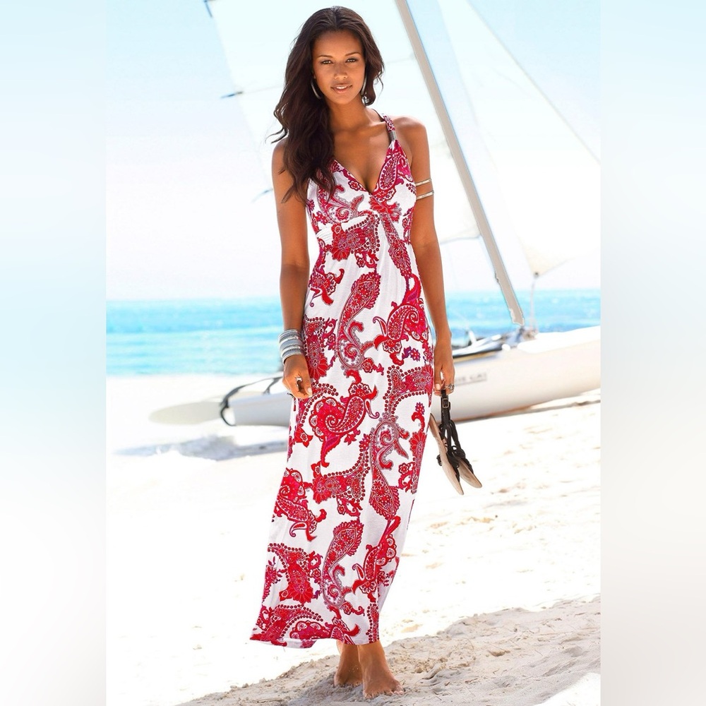 Sleeveless Red Paisley Maxi Dress - Women's Beachwear